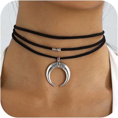 Nojess Gothic Crescent Moon Pendant Necklace for Women Black Vintage Layered Necklace Spike Leather Chain Choker Punk Jewelry Halloween Vampire Costume Accessories in Saudi Arabia
