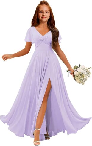 MRHUSH Junior Bridesmaid Dresses Chiffon V-Neck Flower Girl Dress Flutter Sleeve Long Girls Formal Party Prom Gowns with Slit in Saudi Arabia