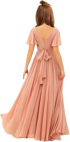MRHUSH Junior Bridesmaid Dresses Chiffon V-Neck Flower Girl Dress Flutter Sleeve Long Girls Formal Party Prom Gowns with Slit in Saudi Arabia