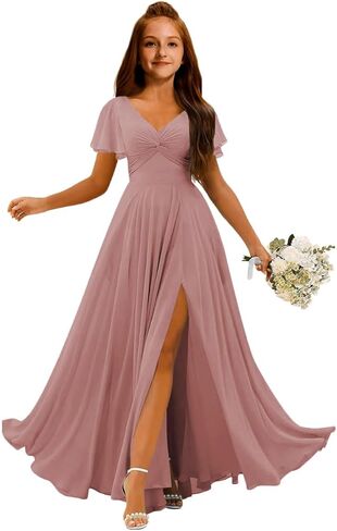 MRHUSH Junior Bridesmaid Dresses Chiffon V-Neck Flower Girl Dress Flutter Sleeve Long Girls Formal Party Prom Gowns with Slit in Saudi Arabia