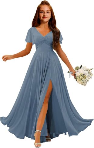 MRHUSH Junior Bridesmaid Dresses Chiffon V-Neck Flower Girl Dress Flutter Sleeve Long Girls Formal Party Prom Gowns with Slit in Saudi Arabia