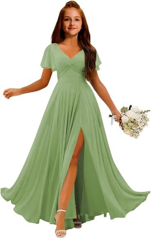 MRHUSH Junior Bridesmaid Dresses Chiffon V-Neck Flower Girl Dress Flutter Sleeve Long Girls Formal Party Prom Gowns with Slit in Saudi Arabia