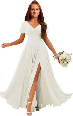 MRHUSH Junior Bridesmaid Dresses Chiffon V-Neck Flower Girl Dress Flutter Sleeve Long Girls Formal Party Prom Gowns with Slit in Saudi Arabia