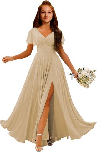 MRHUSH Junior Bridesmaid Dresses Chiffon V-Neck Flower Girl Dress Flutter Sleeve Long Girls Formal Party Prom Gowns with Slit in Saudi Arabia