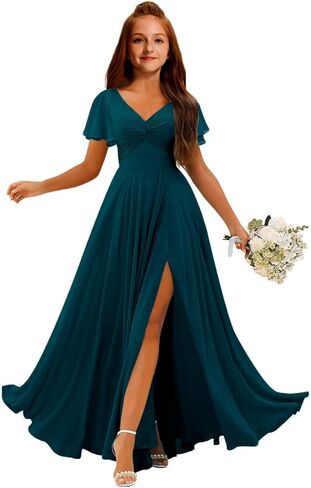 MRHUSH Junior Bridesmaid Dresses Chiffon V-Neck Flower Girl Dress Flutter Sleeve Long Girls Formal Party Prom Gowns with Slit in Saudi Arabia