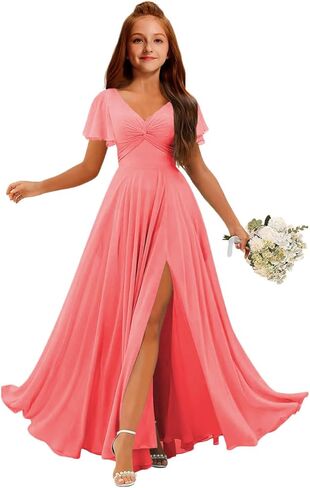 MRHUSH Junior Bridesmaid Dresses Chiffon V-Neck Flower Girl Dress Flutter Sleeve Long Girls Formal Party Prom Gowns with Slit in Saudi Arabia