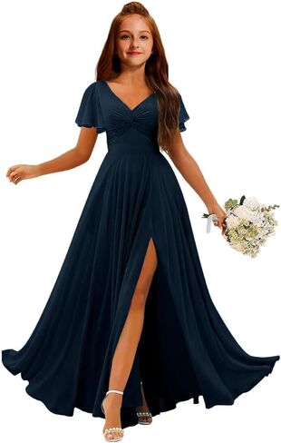 MRHUSH Junior Bridesmaid Dresses Chiffon V-Neck Flower Girl Dress Flutter Sleeve Long Girls Formal Party Prom Gowns with Slit in Saudi Arabia