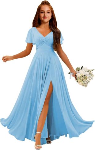 MRHUSH Junior Bridesmaid Dresses Chiffon V-Neck Flower Girl Dress Flutter Sleeve Long Girls Formal Party Prom Gowns with Slit in Saudi Arabia
