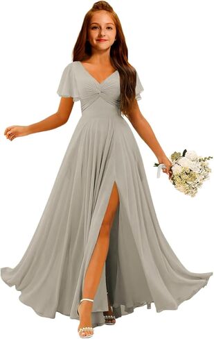 MRHUSH Junior Bridesmaid Dresses Chiffon V-Neck Flower Girl Dress Flutter Sleeve Long Girls Formal Party Prom Gowns with Slit in Saudi Arabia