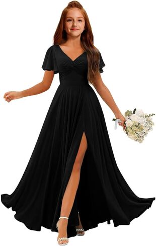 MRHUSH Junior Bridesmaid Dresses Chiffon V-Neck Flower Girl Dress Flutter Sleeve Long Girls Formal Party Prom Gowns with Slit in Saudi Arabia