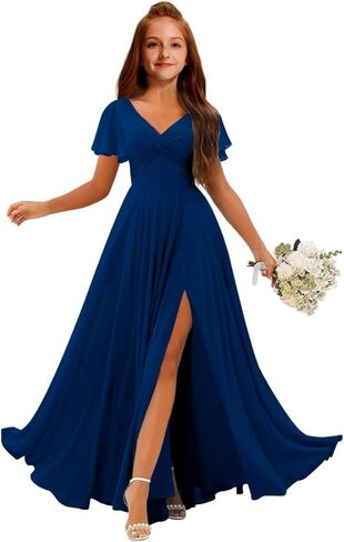 MRHUSH Junior Bridesmaid Dresses Chiffon V-Neck Flower Girl Dress Flutter Sleeve Long Girls Formal Party Prom Gowns with Slit in Saudi Arabia