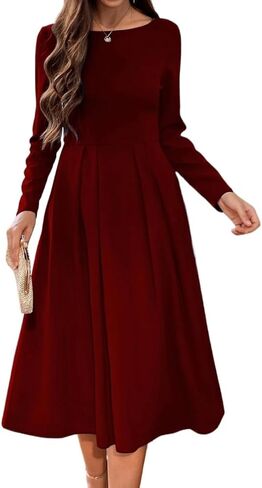 Womens Long Sleeve Flared A-Line Midi Dress Elegant Round Neck Dress for Formal Occasions in Saudi Arabia