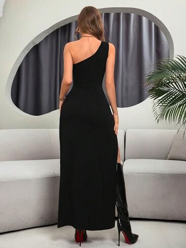 GothDark Womens Black One Shoulder Dress with Slit Cut Out Backless Sexy Gothic Vintage Y2k Club Festival Party Midi Outfits in Saudi Arabia