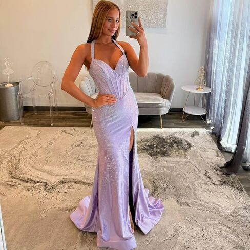 Sequins Mermaid Prom Dresses with Slit for Women 2025 Halter Sweetheart Formal Dress He5164 in Saudi Arabia