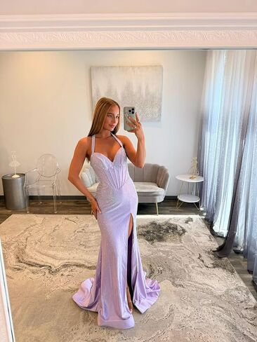 Sequins Mermaid Prom Dresses with Slit for Women 2025 Halter Sweetheart Formal Dress He5164 in Saudi Arabia