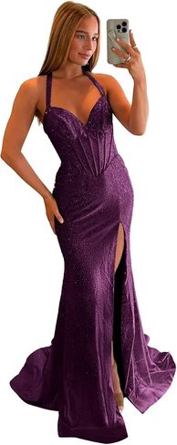 Sequins Mermaid Prom Dresses with Slit for Women 2025 Halter Sweetheart Formal Dress He5164 in Saudi Arabia