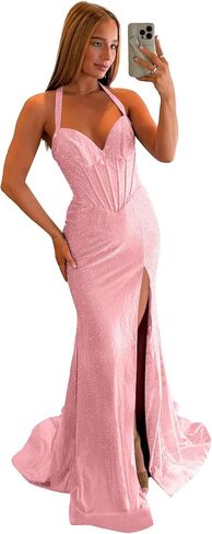Sequins Mermaid Prom Dresses with Slit for Women 2025 Halter Sweetheart Formal Dress He5164 in Saudi Arabia