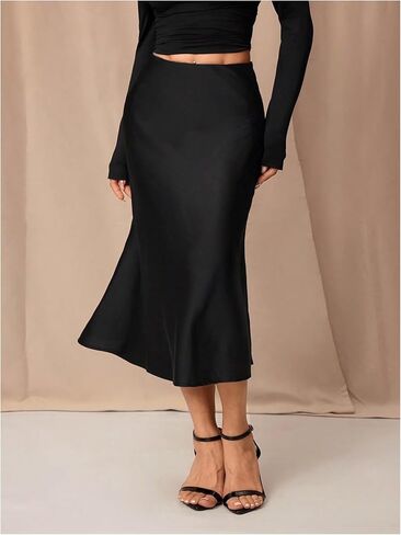 MakeMeChic Women's Satin Midi Skirt Silk High Waist Fishtail Elegant Skirts in Saudi Arabia