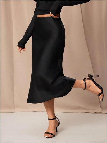 MakeMeChic Women's Satin Midi Skirt Silk High Waist Fishtail Elegant Skirts in Saudi Arabia