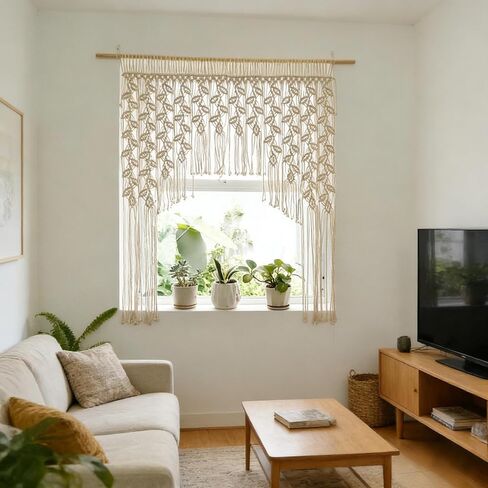 Macrame Valance Curtain 33.4x43.3Inch Farmhouse Boho Curtains Lvory Color Leaf Tassels Macramé Wall Curtain Macrame Wall Hanging Wall Decor Boho Wedding Arch in Saudi Arabia