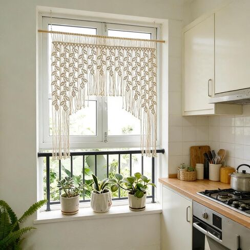 Macrame Valance Curtain 33.4x43.3Inch Farmhouse Boho Curtains Lvory Color Leaf Tassels Macramé Wall Curtain Macrame Wall Hanging Wall Decor Boho Wedding Arch in Saudi Arabia
