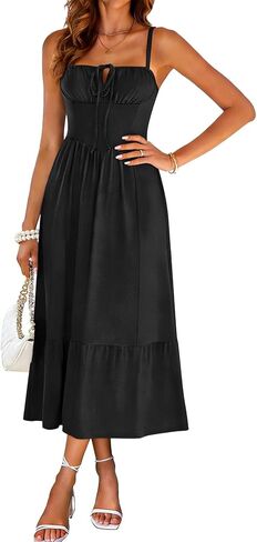 Sureple Sundresses for Women Maxi Tied Neck Spaghetti Straps Pleated Ruffles Casual Summer Midi Dress with Pockets in Kuwait