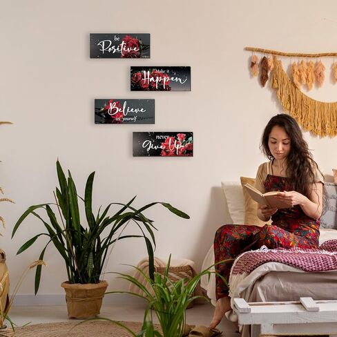 FENCORDAR 4 Piece Red Wall Decor Set Inspirational Red Black Decor for Bedroom Bathroom Women's Office Motivational Quotes Rustic Rose Wall Art for Home Office Decoration 10X4 Inches in Saudi Arabia