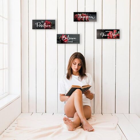 FENCORDAR 4 Piece Red Wall Decor Set Inspirational Red Black Decor for Bedroom Bathroom Women's Office Motivational Quotes Rustic Rose Wall Art for Home Office Decoration 10X4 Inches in Saudi Arabia