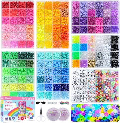 Gionlion 4200pcs Bony Beads for Bracelet Making Kit ، 48 Colour Kandi Beads Squelet Kit ، 2500pcs Rainbow Candy ، 1700pcs striefts strifts beads with 20 meter strings for Jewelry Making in Kuwait