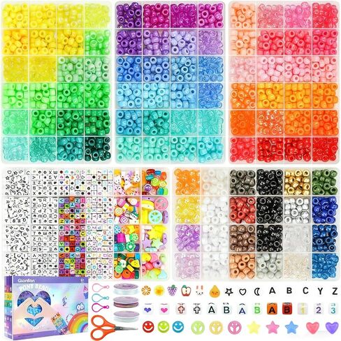Gionlion 4200pcs Bony Beads for Bracelet Making Kit ، 48 Colour Kandi Beads Squelet Kit ، 2500pcs Rainbow Candy ، 1700pcs striefts strifts beads with 20 meter strings for Jewelry Making in Kuwait