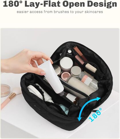 Hynes Eagle Travel Makeup Bag for Women Puffy Cosmetic Organizer Pouch Open Flat Toiletry Bag for Toiletries, Brushes Black in Saudi Arabia