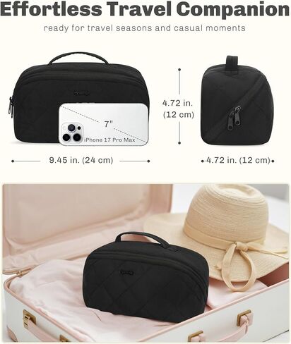 Hynes Eagle Travel Makeup Bag for Women Puffy Cosmetic Organizer Pouch Open Flat Toiletry Bag for Toiletries, Brushes Black in Saudi Arabia