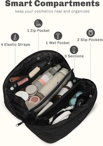 Hynes Eagle Travel Makeup Bag for Women Puffy Cosmetic Organizer Pouch Open Flat Toiletry Bag for Toiletries, Brushes Black in Saudi Arabia