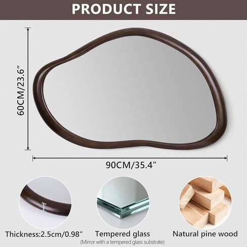 Wood Wall Mirror, 35.4"x23.6" Irregular Bathroom Mirror Wall Mounted, Rustic Farmhouse Vanity Mirror Wooden Frame Wall Mirror for Living Room Bedroom Entryway, Horizontal/Vertical, Walnut in Saudi Arabia