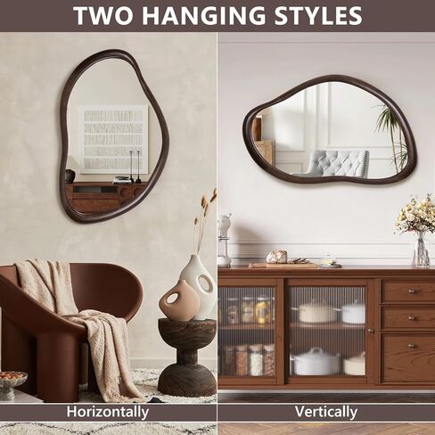 Wood Wall Mirror, 35.4"x23.6" Irregular Bathroom Mirror Wall Mounted, Rustic Farmhouse Vanity Mirror Wooden Frame Wall Mirror for Living Room Bedroom Entryway, Horizontal/Vertical, Walnut in Saudi Arabia
