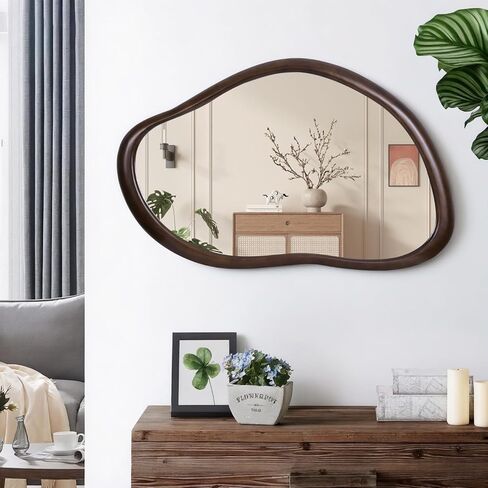 Wood Wall Mirror, 35.4"x23.6" Irregular Bathroom Mirror Wall Mounted, Rustic Farmhouse Vanity Mirror Wooden Frame Wall Mirror for Living Room Bedroom Entryway, Horizontal/Vertical, Walnut in Saudi Arabia