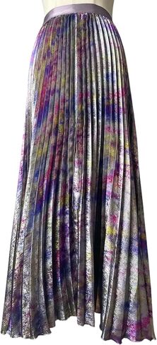 Women’s Colorful Metallic Pleated Midi Skirt – High Waist Gradient A-Line Skirt with Shiny Finish for Party, Holiday, Date Night, or Office in Saudi Arabia