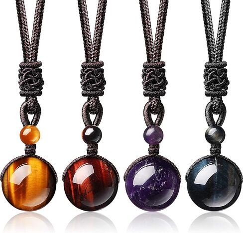 Hicarer 4 Pieces Natural Crystal Pendant Necklaces Lucky Blessing Chakra Crystal Beads 16 mm Black Obsidian Tiger Eyes Necklaces with Adjustable Braided Rope Cords(Classic) in Saudi Arabia