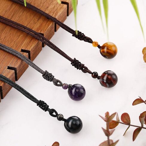 Hicarer 4 Pieces Natural Crystal Pendant Necklaces Lucky Blessing Chakra Crystal Beads 16 mm Black Obsidian Tiger Eyes Necklaces with Adjustable Braided Rope Cords(Classic) in Saudi Arabia