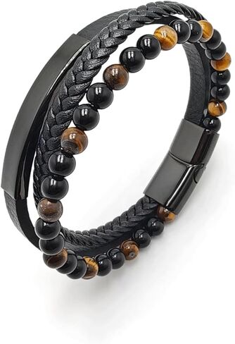 VANFORWYN Mens Tiger Eye Matte Black Onyx Beaded Bracelet Black Braided Genuine Leather Bracelet Stainless Steel Bangle 8mm Natural Protection Stone Gifts for Men in Saudi Arabia
