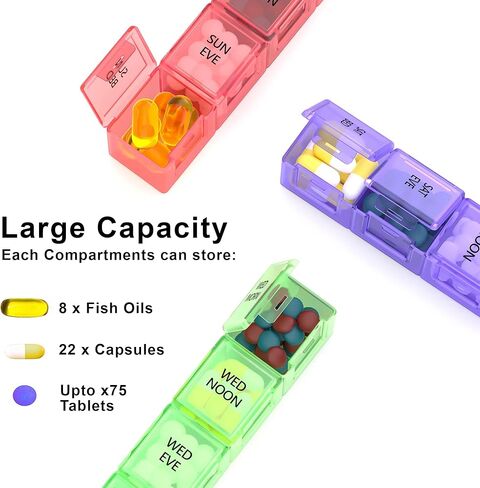 Deeper and Larger Compartments Daily Pill Organizer AM PM Medicine Pill Box, 7-Day Weekly Holder -Zzteck PU Leather Travel Case Day Night Large Medication Reminder Dispenser Vitamin Holder Container in Saudi Arabia