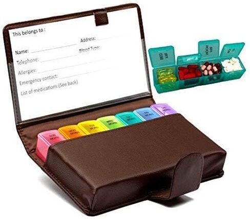 Deeper and Larger Compartments Daily Pill Organizer AM PM Medicine Pill Box, 7-Day Weekly Holder -Zzteck PU Leather Travel Case Day Night Large Medication Reminder Dispenser Vitamin Holder Container in Saudi Arabia