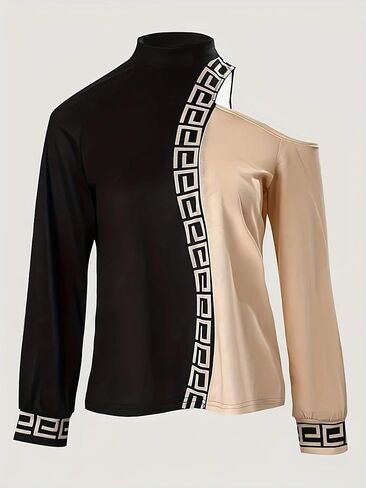 Womens Mock Neck Long Sleeve Cold Shoulder Plus Size Loose Graphic Print Fall Winter Casual Holiday Tops Blouses in Saudi Arabia