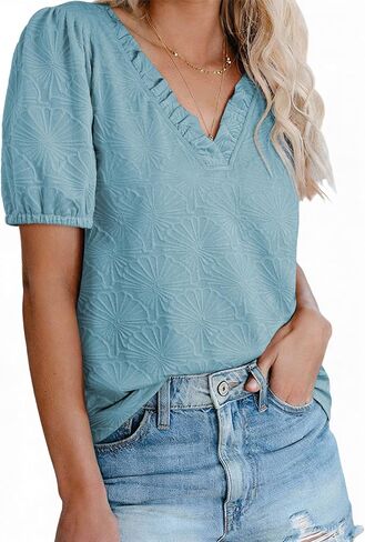 DOKOTOO Women's Casual V Neck Short Sleeve Textured Tops Lettuce Trim T Shirts Tee Blouses in Saudi Arabia