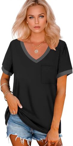 Womens T Shirts Short Sleeve V Neck Loose Casual Summer Tops with Chest Pocket Plain Color Shirts in Saudi Arabia