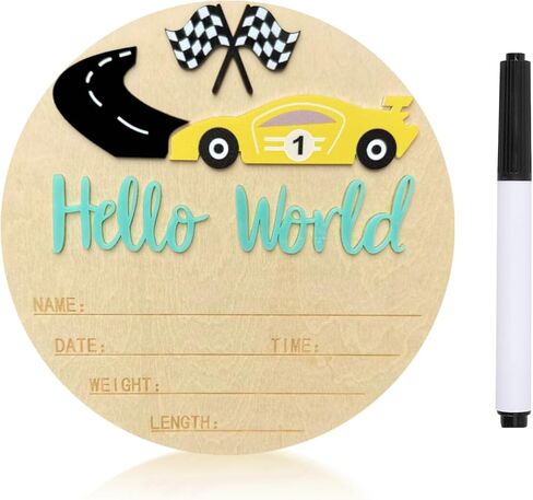 Baby Announcement Sign, 5.9 Inch Wooden Hello World Newborn Sign,Welcome Baby Signs,Birth Announcement Signs,Newborn Name Personalized for Photo Prop race car Design Hospital Nursery (Blue,Green car) in Saudi Arabia