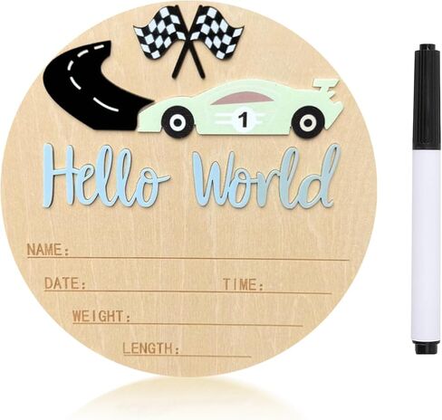 لافتة إعلان الطفل، لافتة خشبية لحديثي الولادة مقاس 5.9 بوصة، لافتات ترحيب بالطفل، لافتات إعلان الميلاد، اسم حديث الولادة مخصص للصور، تصميم سيارة السباق، حضانة المستشفى (أبيض، سيارة زرقاء) in Kuwait