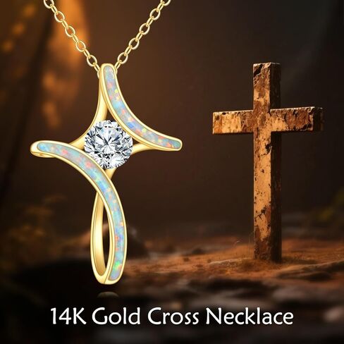 14K Solid Gold Cross Necklace 14K Yellow Gold Cross Opal Moissanite Pendant Necklace Christian Religious Jewelry Gifts for Women in Saudi Arabia