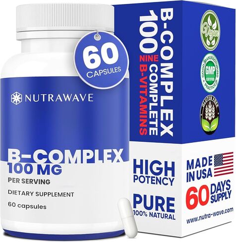 Nutrawave VITAMIN B COMPLEX 100، 9 Complete B's - B1- B12 للرجال والنساء، يقلل التوتر، ويدعم المناعة، والشعر، والجلد، ويدعم مستويات الطاقة ووظيفة الدماغ - نباتي - 60 كبسولة / كمية تكفي لمدة شهرين in Saudi Arabia