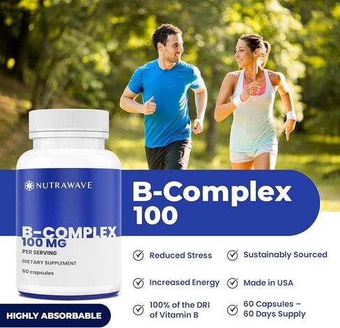 Nutrawave VITAMIN B COMPLEX 100، 9 Complete B's - B1- B12 للرجال والنساء، يقلل التوتر، ويدعم المناعة، والشعر، والجلد، ويدعم مستويات الطاقة ووظيفة الدماغ - نباتي - 60 كبسولة / كمية تكفي لمدة شهرين in Saudi Arabia